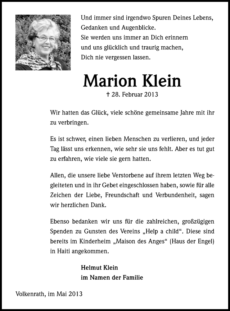  Traueranzeige für Marion Klein vom 09.05.2013 aus Kölner Stadt-Anzeiger / Kölnische Rundschau / Express