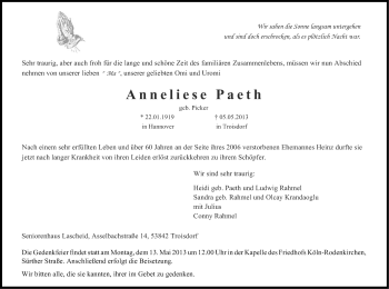 Anzeige von Anneliese Paeth von Kölner Stadt-Anzeiger / Kölnische Rundschau / Express