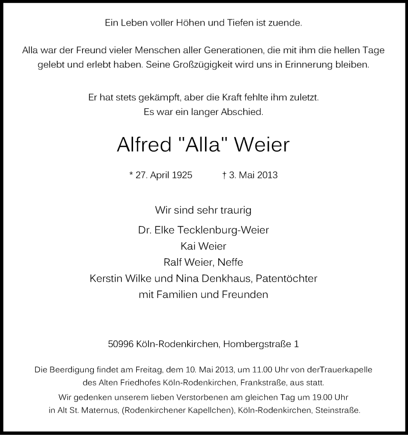 Traueranzeige für Alfred Weier vom 08.05.2013 aus Kölner Stadt-Anzeiger / Kölnische Rundschau / Express