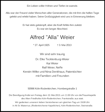 Anzeige von Alfred Weier von Kölner Stadt-Anzeiger / Kölnische Rundschau / Express