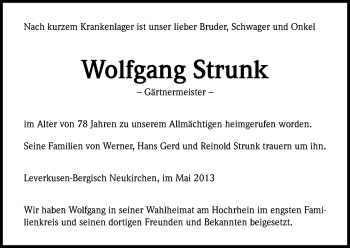 Anzeige von Wolfgang Strunk von Kölner Stadt-Anzeiger / Kölnische Rundschau / Express