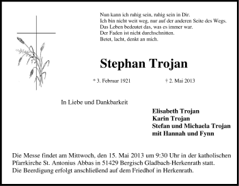 Anzeige von Stephan Trojan von Kölner Stadt-Anzeiger / Kölnische Rundschau / Express