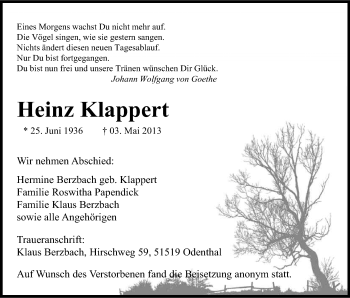 Anzeige von Heinz Klappert von Kölner Stadt-Anzeiger / Kölnische Rundschau / Express