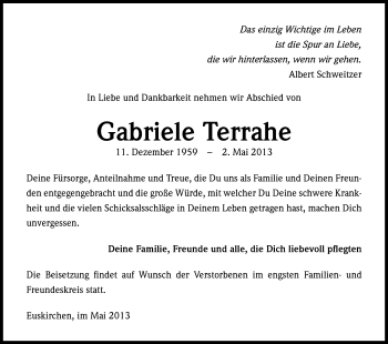 Anzeige von Gabriele Terrahe von Kölner Stadt-Anzeiger / Kölnische Rundschau / Express