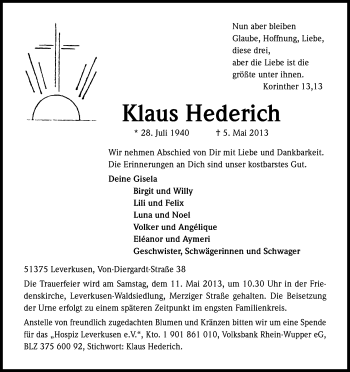 Anzeige von Klaus Hederich von Kölner Stadt-Anzeiger / Kölnische Rundschau / Express