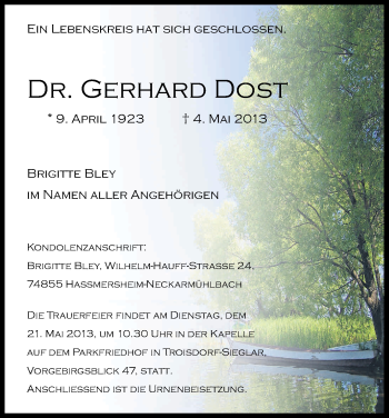 Anzeige von Gerhard Dost von Kölner Stadt-Anzeiger / Kölnische Rundschau / Express