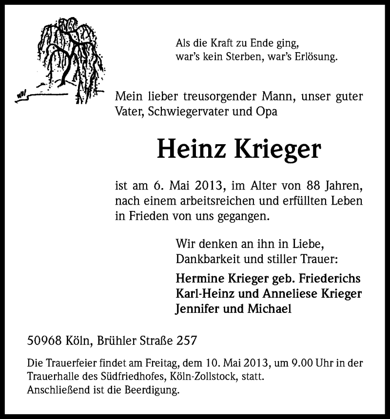  Traueranzeige für Heinz Krieger vom 08.05.2013 aus Kölner Stadt-Anzeiger / Kölnische Rundschau / Express