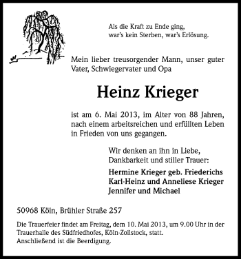 Anzeige von Heinz Krieger von Kölner Stadt-Anzeiger / Kölnische Rundschau / Express