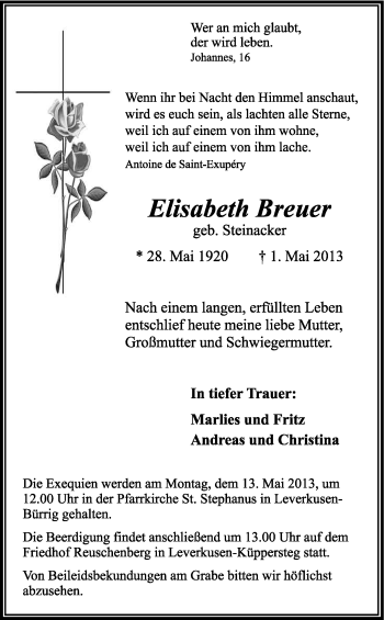 Anzeige von Elisabeth Breuer von Kölner Stadt-Anzeiger / Kölnische Rundschau / Express