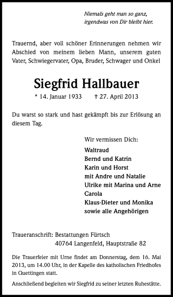 Anzeige von Siegfrid Hallbauer von Kölner Stadt-Anzeiger / Kölnische Rundschau / Express