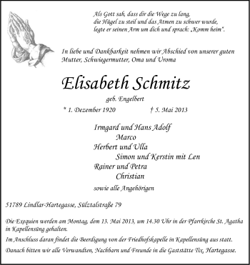 Anzeige von Elisabeth Schmitz von Kölner Stadt-Anzeiger / Kölnische Rundschau / Express