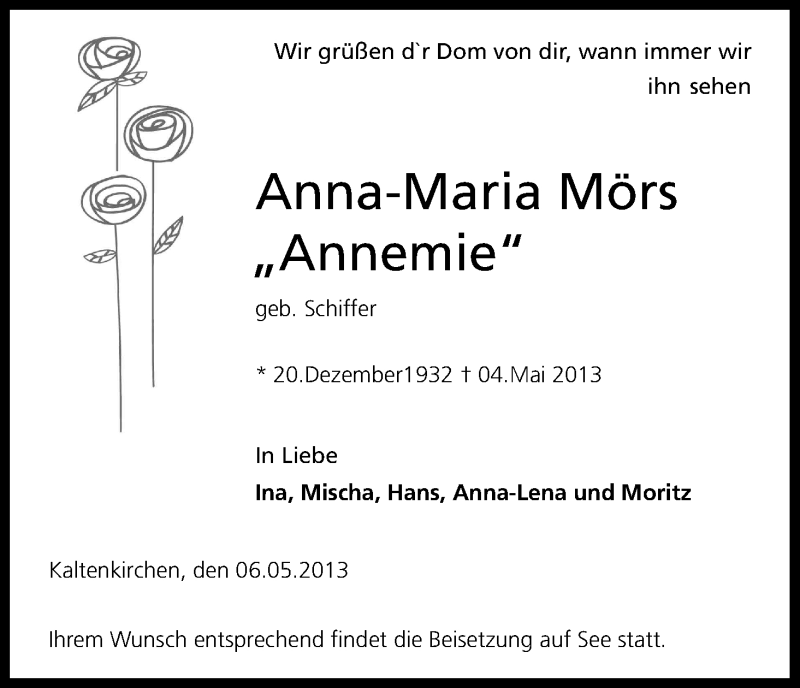  Traueranzeige für Anna-Maria Mörs vom 11.05.2013 aus Kölner Stadt-Anzeiger / Kölnische Rundschau / Express