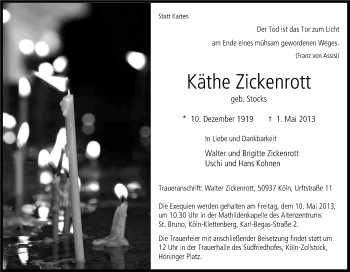 Anzeige von Käthe Zickenrott von Kölner Stadt-Anzeiger / Kölnische Rundschau / Express