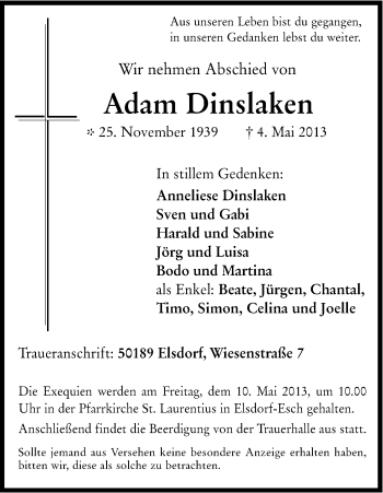 Anzeige von Adam Dinslaken von Kölner Stadt-Anzeiger / Kölnische Rundschau / Express