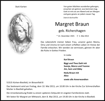 Anzeige von Margret Braun von Kölner Stadt-Anzeiger / Kölnische Rundschau / Express