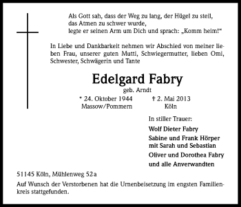 Anzeige von Edelgard Fabry von Kölner Stadt-Anzeiger / Kölnische Rundschau / Express