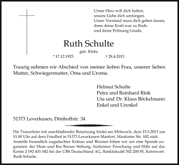 Anzeige von Ruth Schulte von Kölner Stadt-Anzeiger / Kölnische Rundschau / Express
