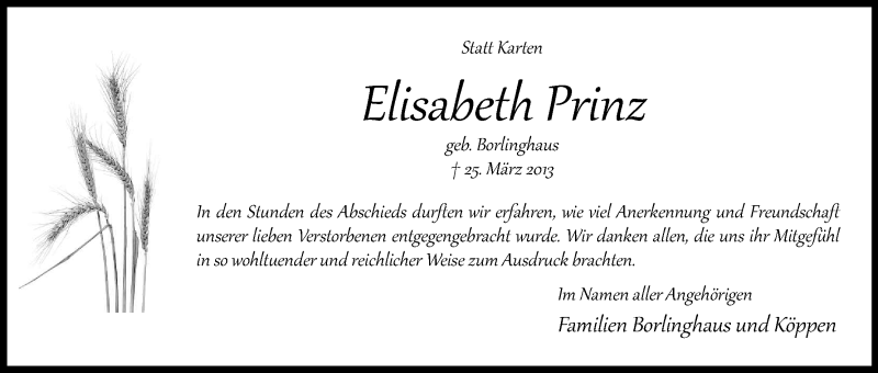  Traueranzeige für Elisabeth Prinz vom 09.05.2013 aus Kölner Stadt-Anzeiger / Kölnische Rundschau / Express