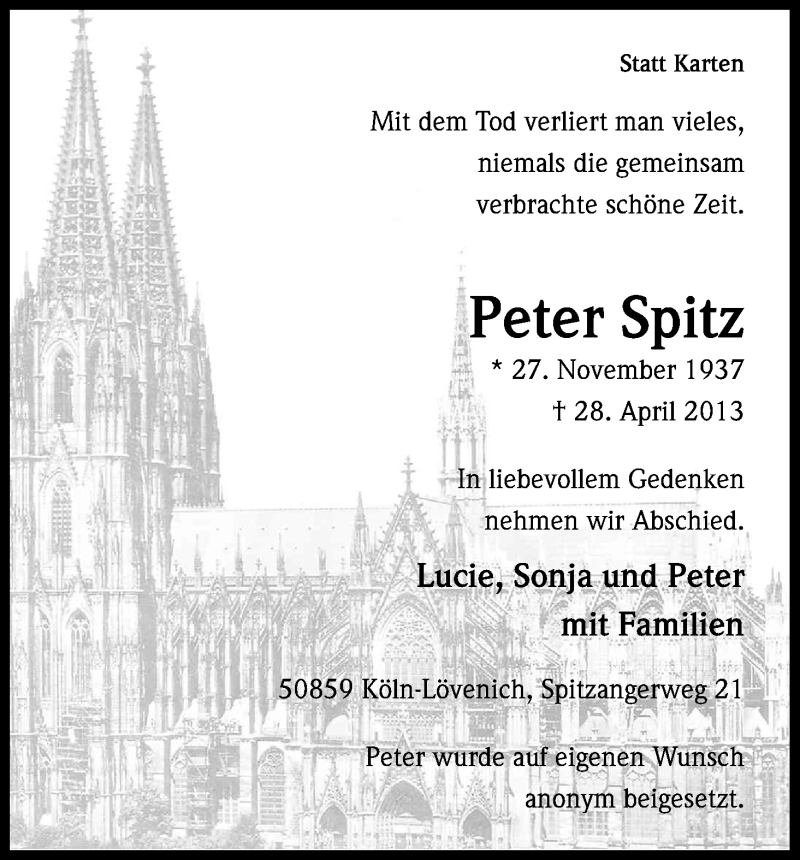  Traueranzeige für Peter Spitz vom 11.05.2013 aus Kölner Stadt-Anzeiger / Kölnische Rundschau / Express