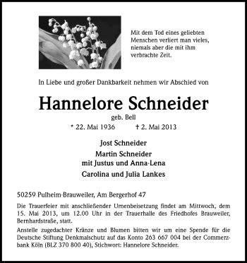 Anzeige von Hannelore Schneider von Kölner Stadt-Anzeiger / Kölnische Rundschau / Express