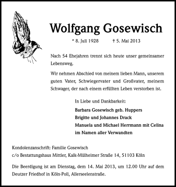 Anzeige von Wolfgang Gosewisch von Kölner Stadt-Anzeiger / Kölnische Rundschau / Express