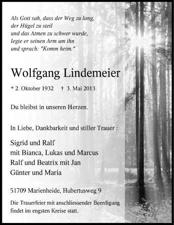 Anzeige von Wolfgang Lindemeier von Kölner Stadt-Anzeiger / Kölnische Rundschau / Express