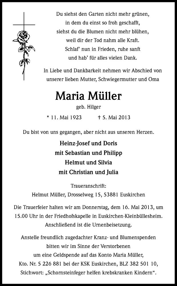  Traueranzeige für Maria Müller vom 11.05.2013 aus Kölner Stadt-Anzeiger / Kölnische Rundschau / Express