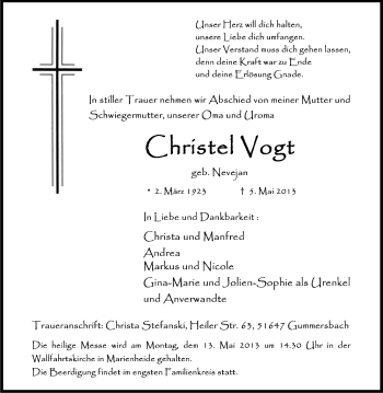 Anzeige von Christel Vogt von Kölner Stadt-Anzeiger / Kölnische Rundschau / Express