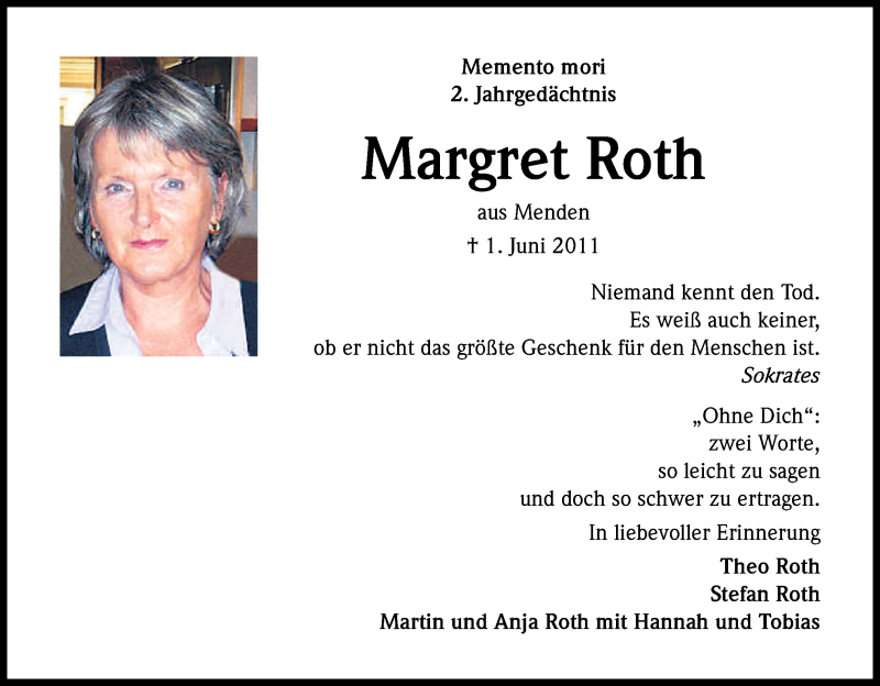  Traueranzeige für Margret Roth vom 01.06.2013 aus Kölner Stadt-Anzeiger / Kölnische Rundschau / Express