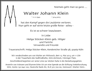 Anzeige von Walter Johann Klein von Kölner Stadt-Anzeiger / Kölnische Rundschau / Express