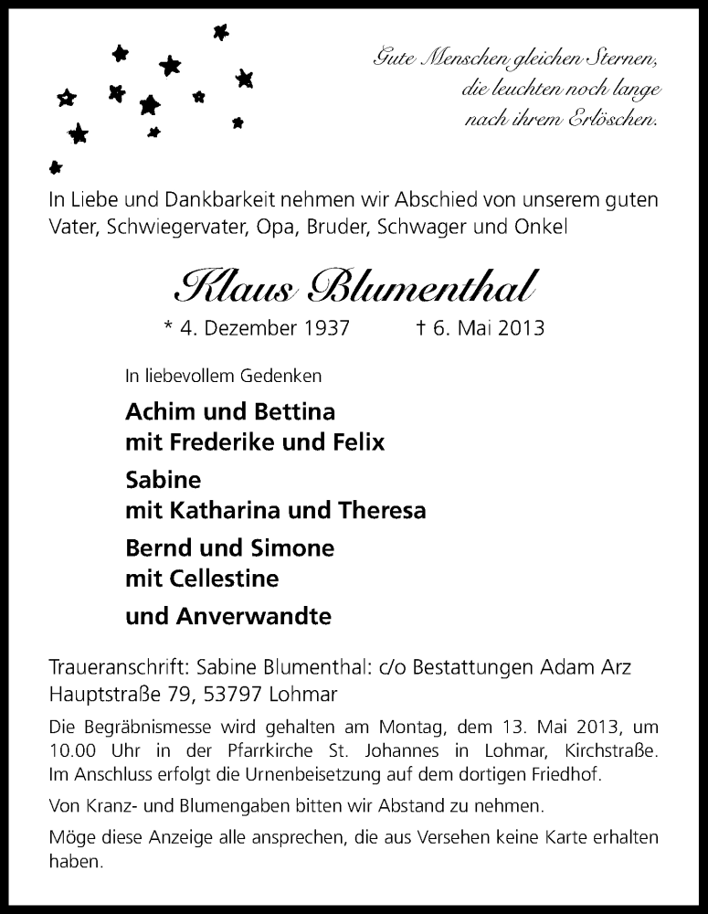 Traueranzeige für Klaus Blumenthal vom 09.05.2013 aus Kölner Stadt-Anzeiger / Kölnische Rundschau / Express