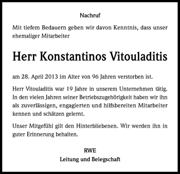 Anzeige von Konstantinos Vitouladitis von Kölner Stadt-Anzeiger / Kölnische Rundschau / Express