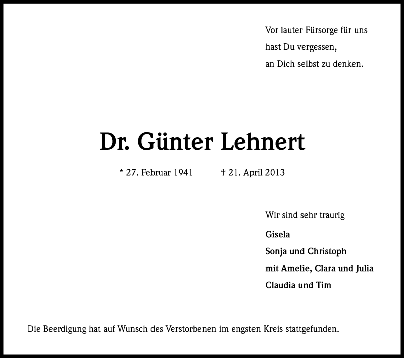  Traueranzeige für Günter Lehnert vom 09.05.2013 aus Kölner Stadt-Anzeiger / Kölnische Rundschau / Express