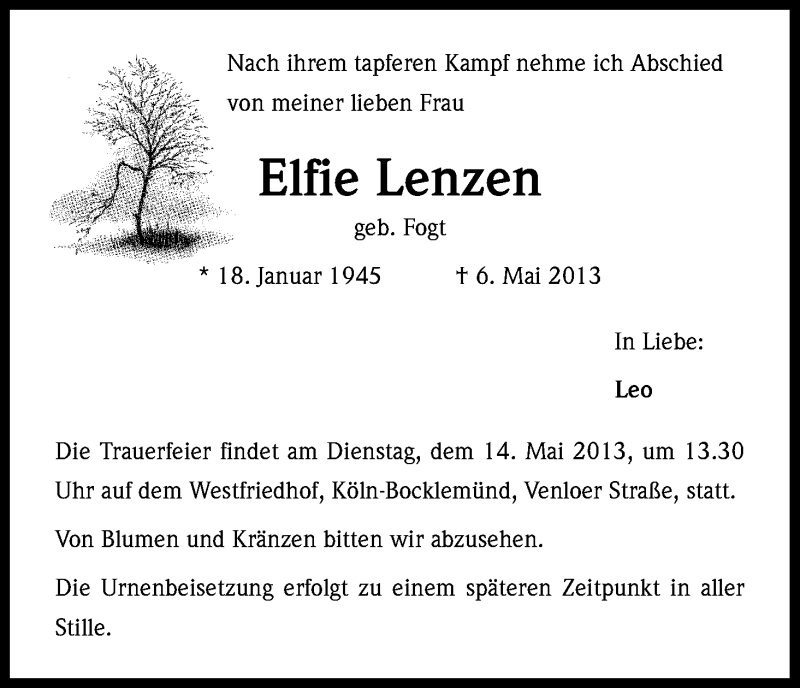  Traueranzeige für Elfie Lenzen vom 11.05.2013 aus Kölner Stadt-Anzeiger / Kölnische Rundschau / Express