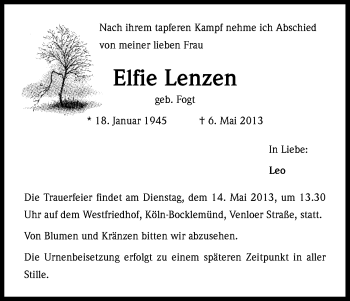 Anzeige von Elfie Lenzen von Kölner Stadt-Anzeiger / Kölnische Rundschau / Express