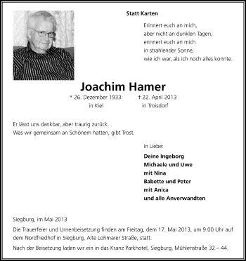 Anzeige von Joachim Hamer von Kölner Stadt-Anzeiger / Kölnische Rundschau / Express