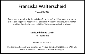Anzeige von Franziska Walterscheid von Kölner Stadt-Anzeiger / Kölnische Rundschau / Express
