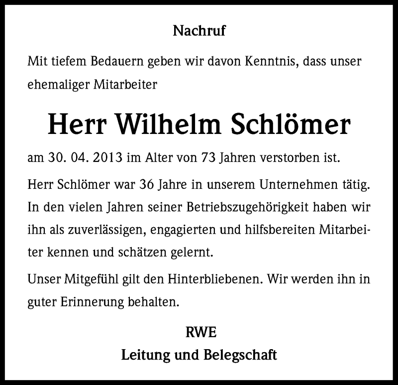  Traueranzeige für Wilhelm Schlömer vom 08.05.2013 aus Kölner Stadt-Anzeiger / Kölnische Rundschau / Express