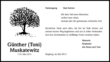 Anzeige von Günther Muskatewitz von Kölner Stadt-Anzeiger / Kölnische Rundschau / Express