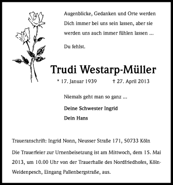 Anzeige von Trudi Westarp-Müller von Kölner Stadt-Anzeiger / Kölnische Rundschau / Express