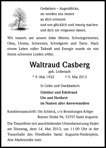 Anzeige von Waltraud Casberg von Kölner Stadt-Anzeiger / Kölnische Rundschau / Express