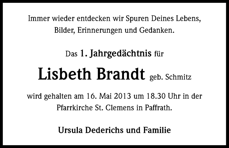 Traueranzeige für Lisbeth Brandt vom 11.05.2013 aus Kölner Stadt-Anzeiger / Kölnische Rundschau / Express