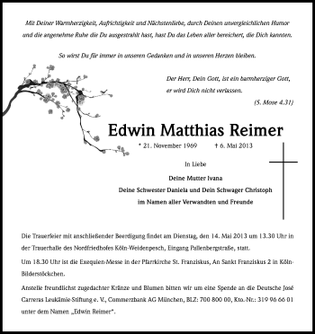 Anzeige von Edwin Matthias Reimer von Kölner Stadt-Anzeiger / Kölnische Rundschau / Express