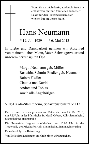 Anzeige von Hans Neumann von Kölner Stadt-Anzeiger / Kölnische Rundschau / Express
