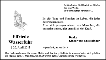 Anzeige von Elfriede Wasserfuhr von Kölner Stadt-Anzeiger / Kölnische Rundschau / Express