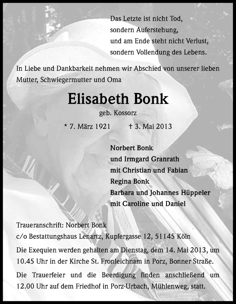  Traueranzeige für Elisabeth Bonk vom 11.05.2013 aus Kölner Stadt-Anzeiger / Kölnische Rundschau / Express