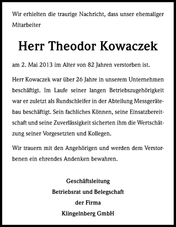 Anzeige von Theodor Kowaczek von Kölner Stadt-Anzeiger / Kölnische Rundschau / Express
