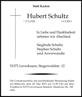 Anzeige von Hubert Schultz von Kölner Stadt-Anzeiger / Kölnische Rundschau / Express