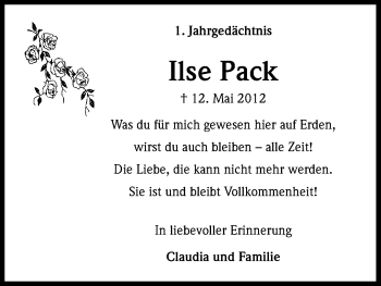 Anzeige von Ilse Pack von Kölner Stadt-Anzeiger / Kölnische Rundschau / Express