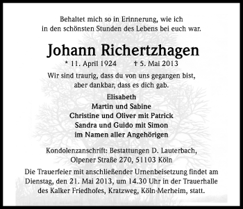 Anzeige von Johann Richertzhagen von Kölner Stadt-Anzeiger / Kölnische Rundschau / Express